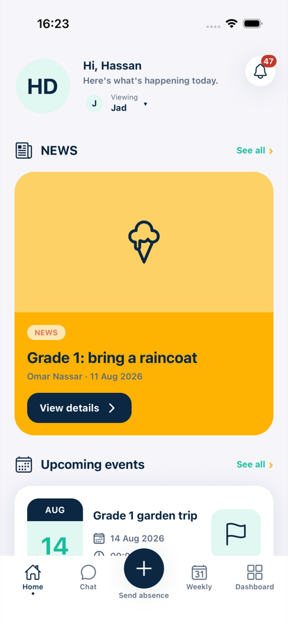 The BeeSync parent home screen, showing a child's day at a glance.